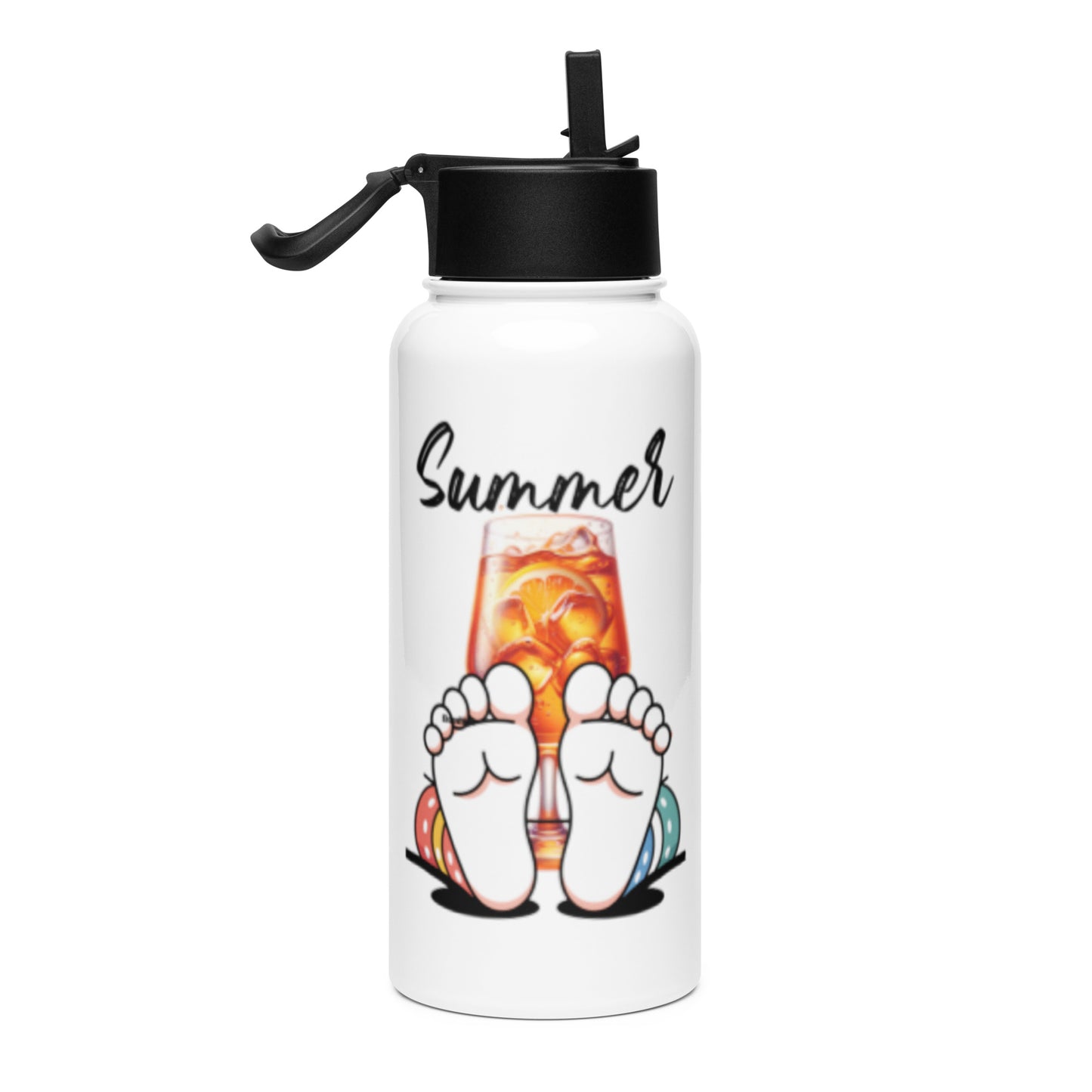White stainless steel Water Bottle – Barefoot Bliss with a black lid featuring a colorful summer-themed design of relaxing feet and an iced drink, embodying faith-inspired purpose-driven messaging.
