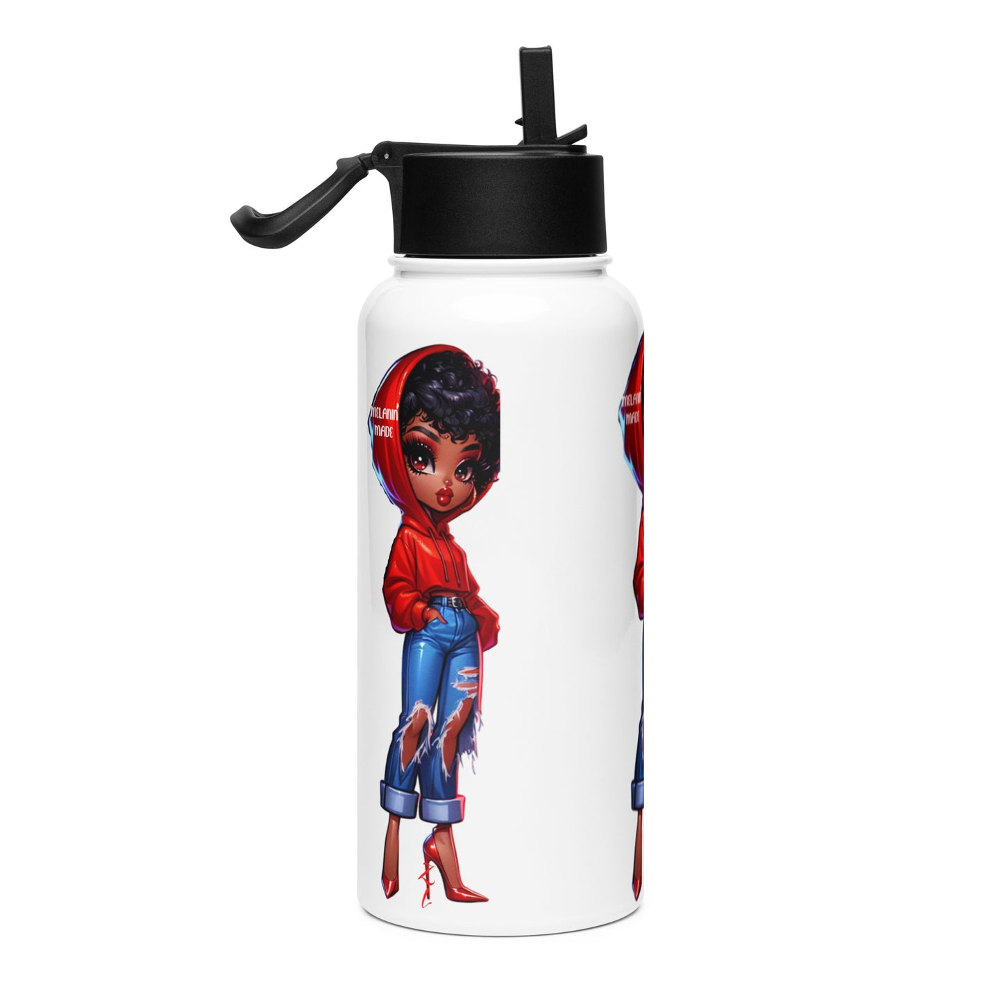 White stainless steel Heels & Hoodie Water Bottle featuring vibrant illustration of a fashionable Black woman wearing a red hoodie, ripped jeans, and red heels, with a black straw lid.