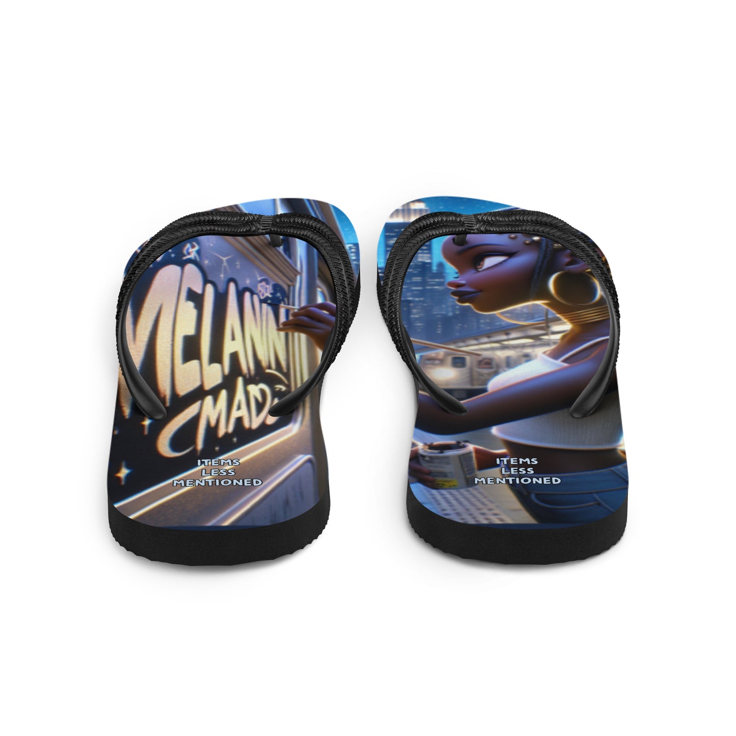 Pair of Flip-Flops – Melanin Made Graffiti featuring vibrant melanin-rich artwork with purpose-driven messaging, inspired by faith and empowerment in stylish print-on-demand fashion.