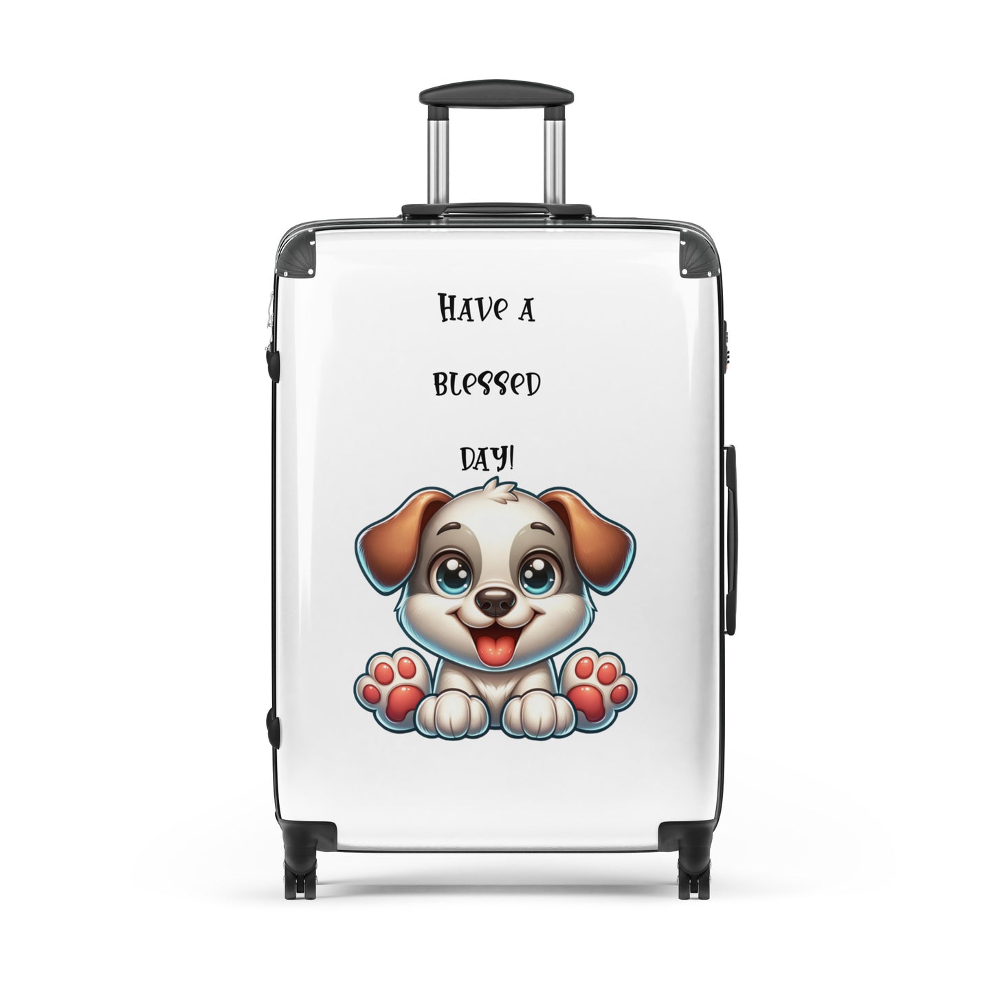 White hard-shell suitcase featuring a cute cartoon puppy and the inspirational message Have a Blessed Day, embodying faith-inspired apparel and gifts with purpose-driven messaging.