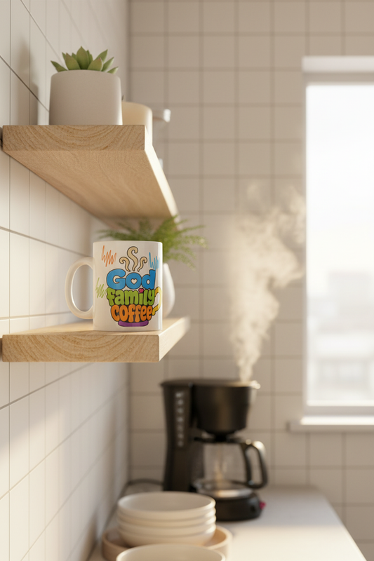 White Glossy Mug — Front on Shelf