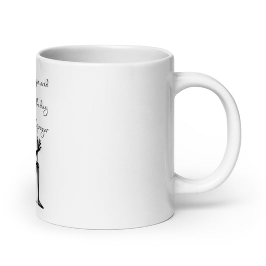 White glossy ceramic Mug – Prayer Warrior with a simple black graphic and faith-inspired messaging, perfect for inspirational gifts and melanin-rich design lovers.