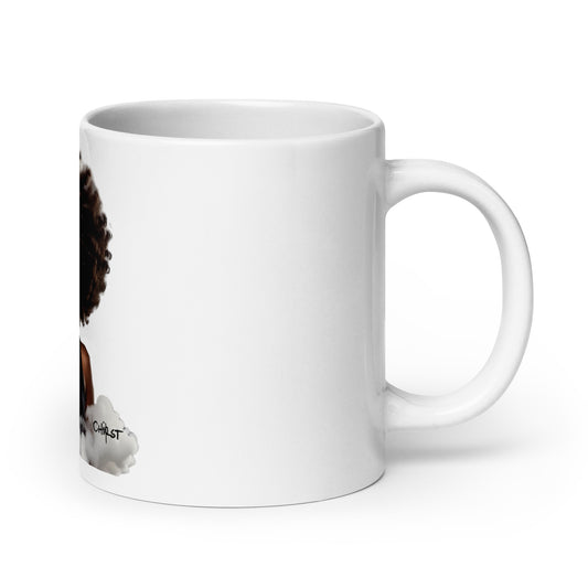White glossy ceramic Mug – High on Christ featuring a side view with handle on the right and faith-inspired melanin-rich imagery and purpose-driven messaging.