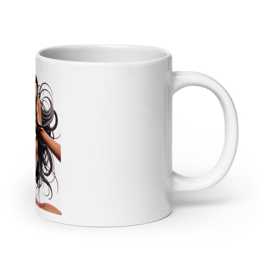 White glossy ceramic Mug – Work in Progress featuring faith-inspired artwork of a Black woman with flowing hair, combining melanin-rich imagery and purpose-driven messaging.