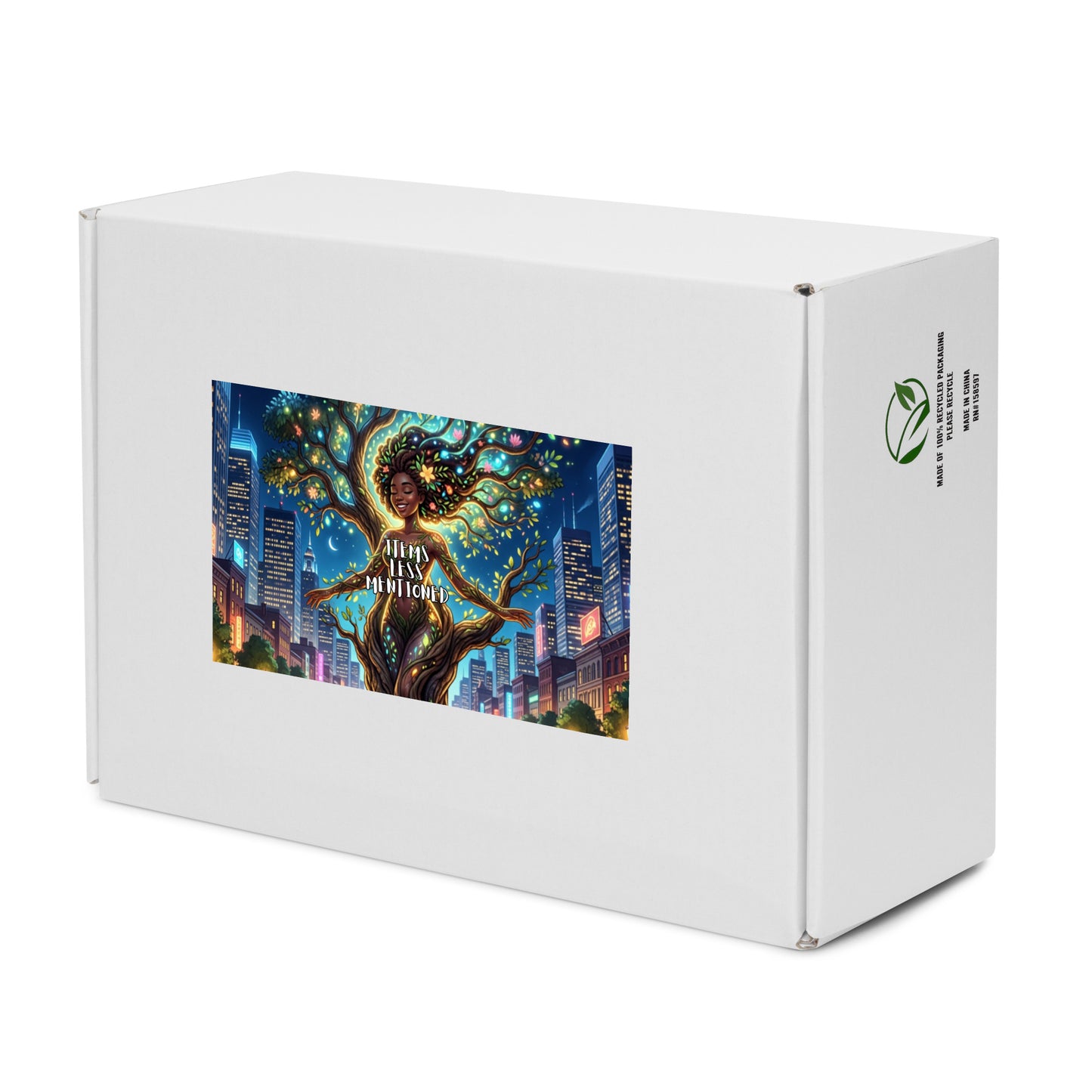 White eco-friendly packaging box featuring vibrant artwork of a joyful woman with flowing hair in a magical urban night scene, promoting Women's High Top Canvas Shoes – Urban Roots.