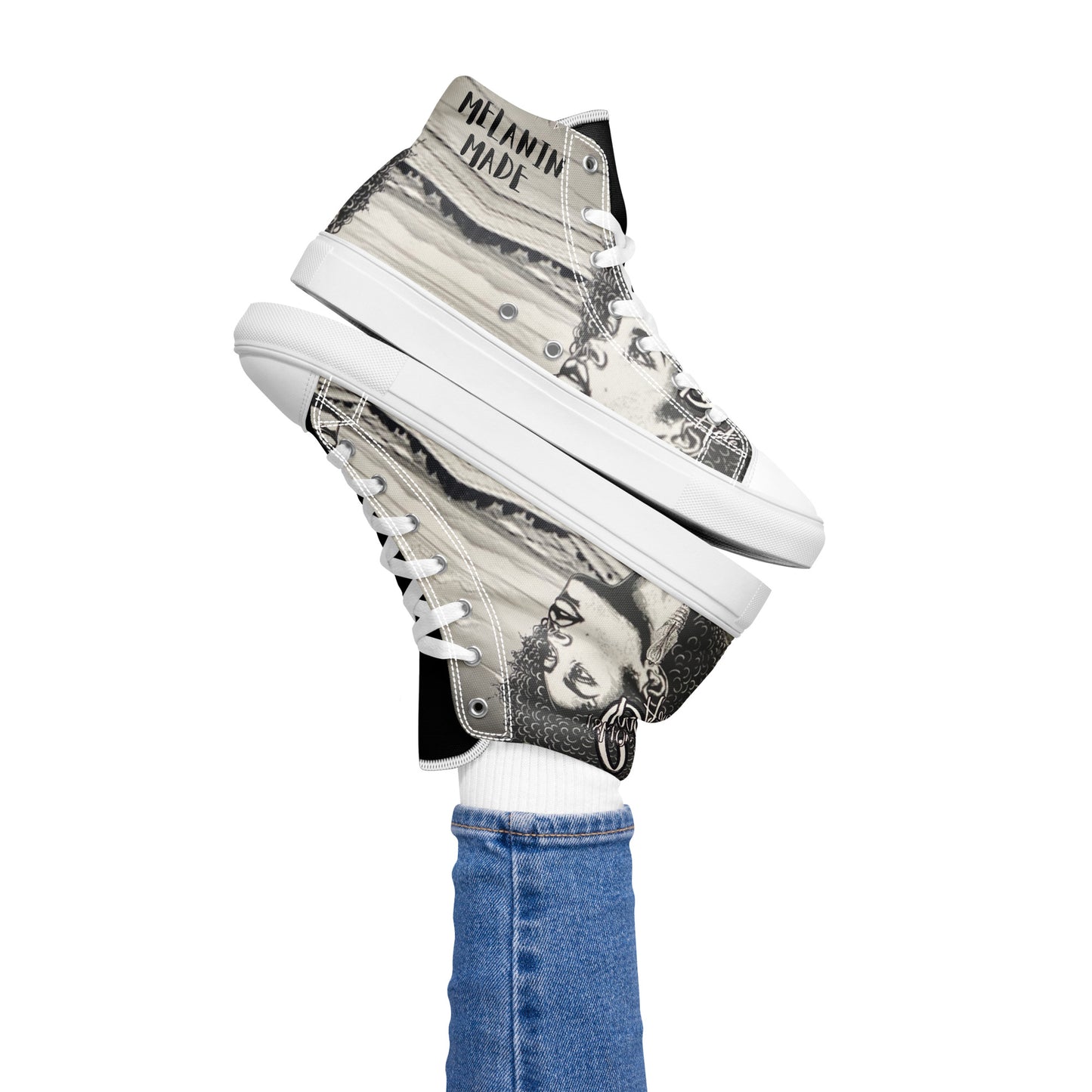 Close-up of Women's High Top Canvas Shoes – Afro Dream featuring rich Afrocentric design details on high top canvas sneakers with white laces, celebrating melanin and heritage.