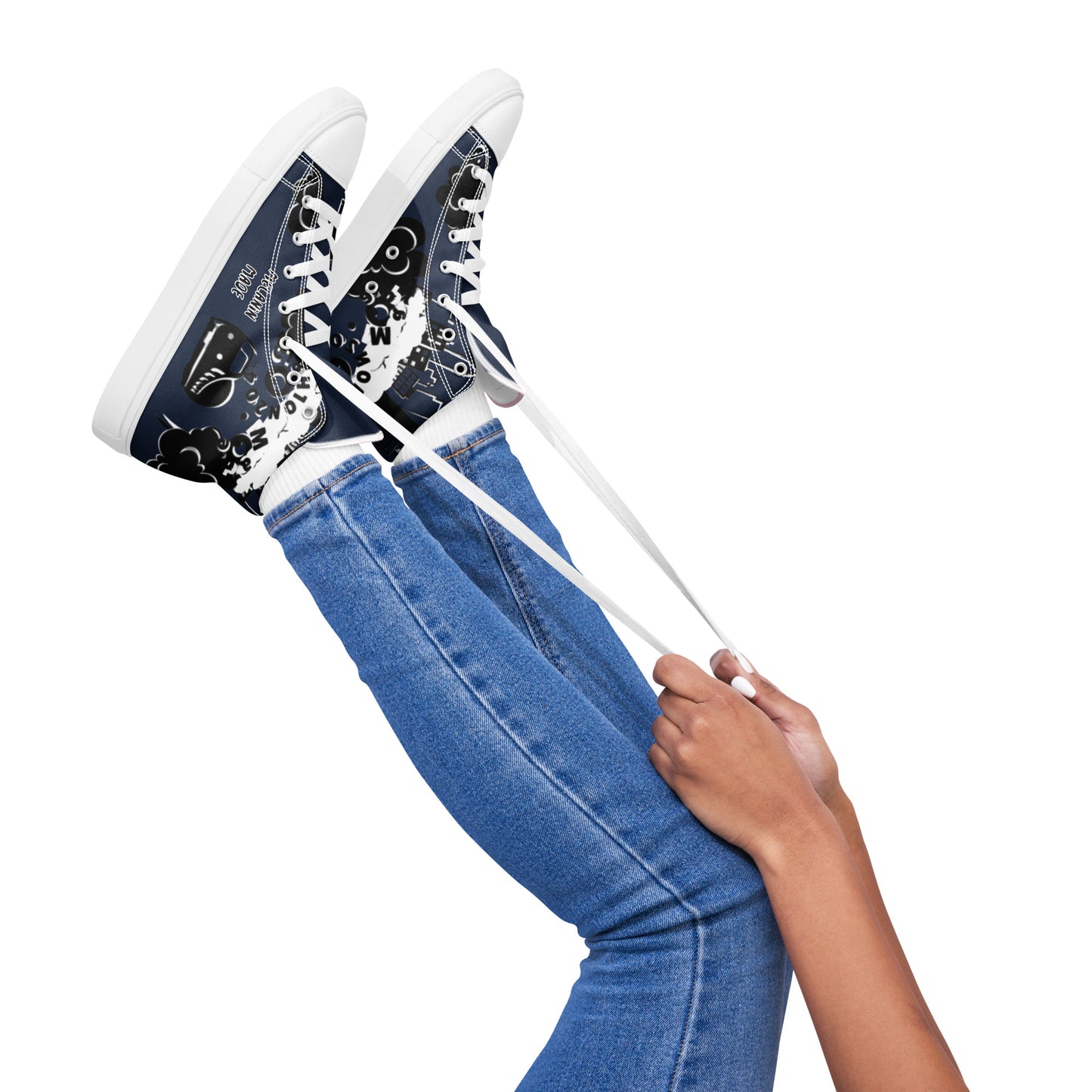 Legs wearing blue jeans with white laces tied on black and white canvas Women's High Top Sneakers – Crazy Town featuring abstract artistic designs.
