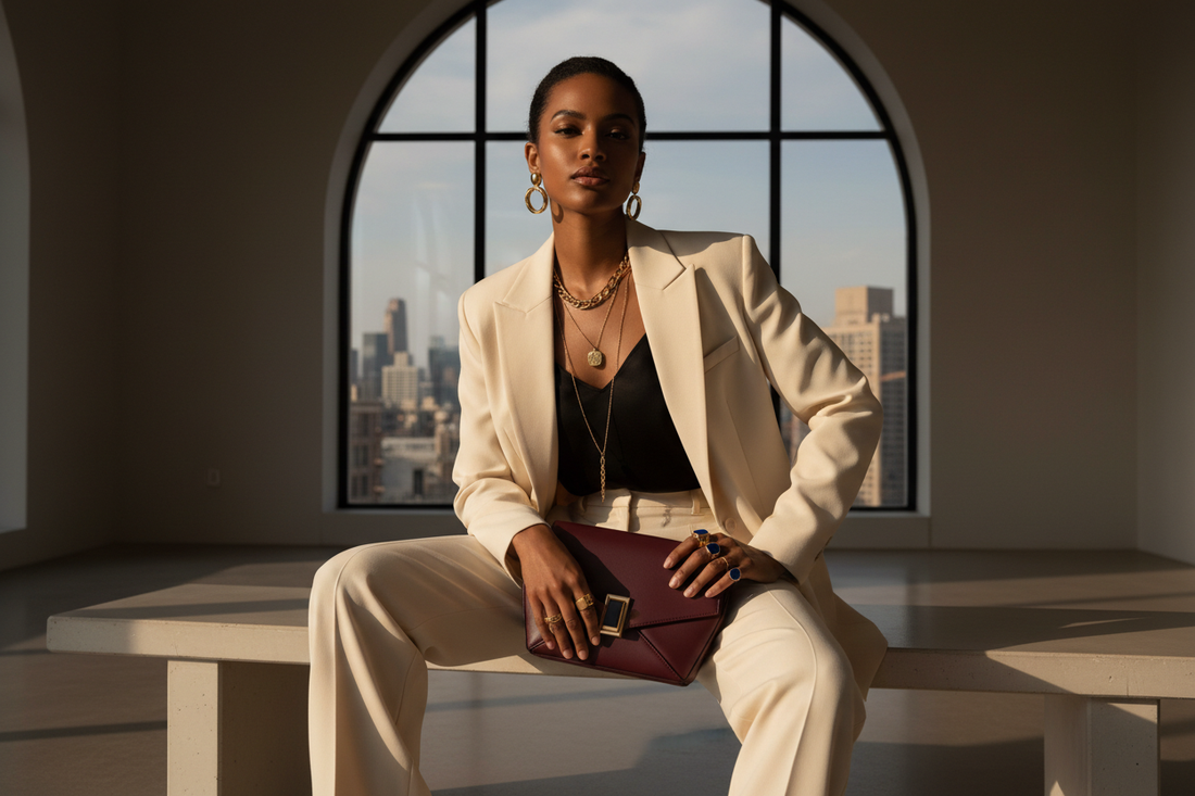  Melanated woman in a cream-colored suit with a black tank top, sitting on a bench in front of a window with a city view.