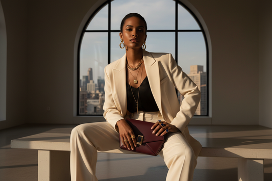  Melanated woman in a cream-colored suit with a black tank top, sitting on a bench in front of a window with a city view.