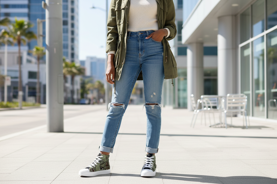 Melanated woman styling Green Violin high-top sneakers in an everyday outfit.