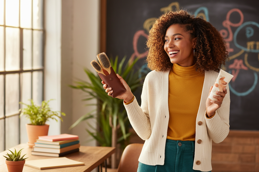 Joyful melanated woman with natural hair holding a thoughtful back-to-school fashion gift.”
