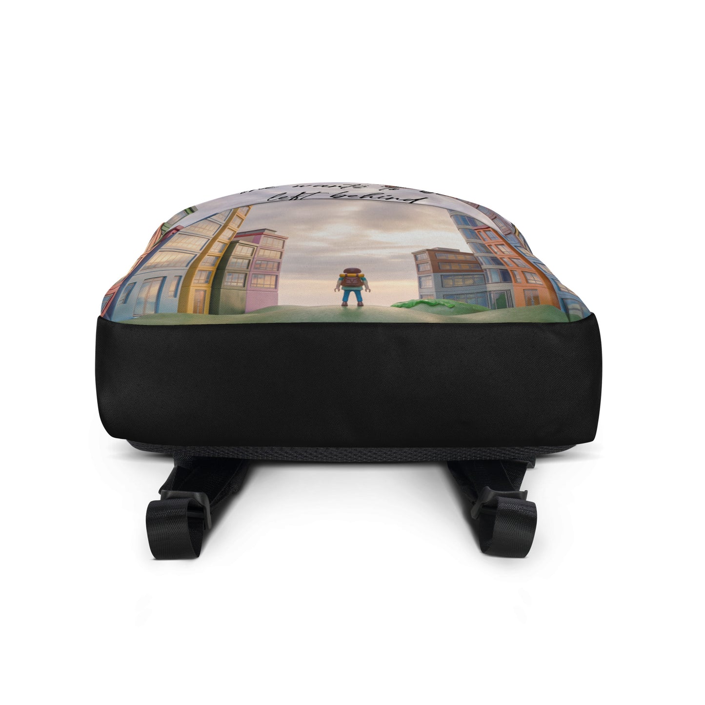 Bottom view of the Backpack – Get Right With Your Creator featuring a colorful cityscape design with a central figure, black base, and adjustable straps.