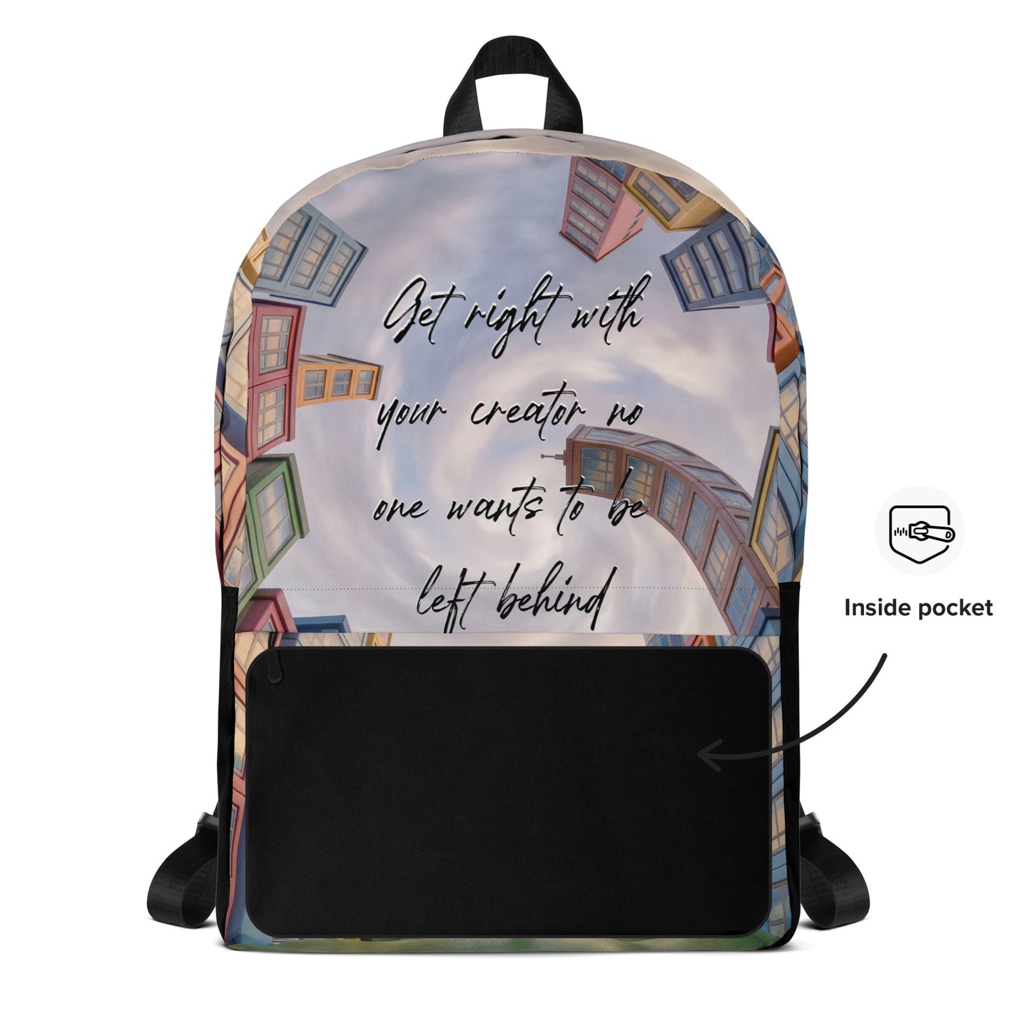 Backpack – Get Right With Your Creator featuring a cityscape design with colorful buildings and an inspirational faith message on the front, with a black front pocket.
