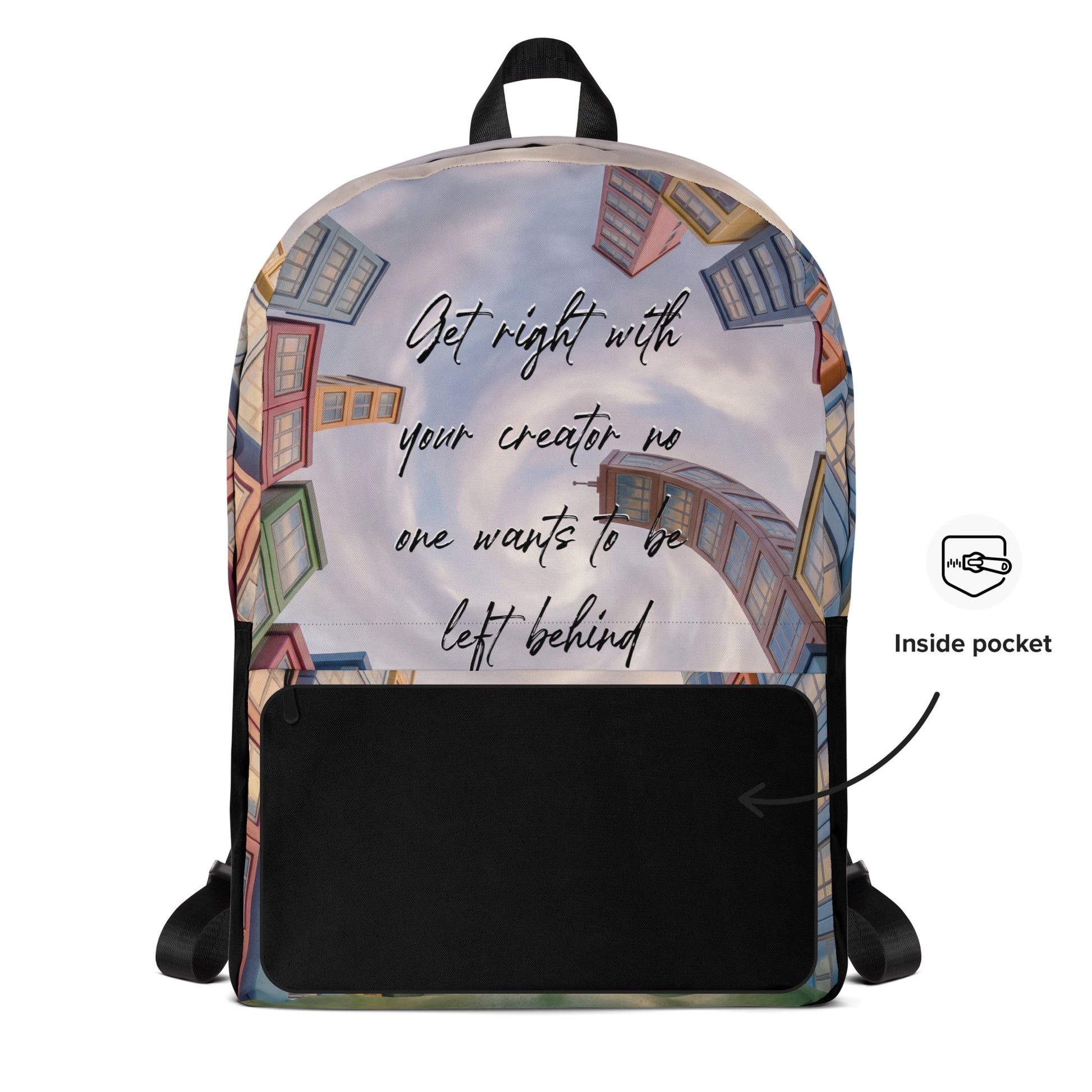 Backpack – Get Right With Your Creator featuring a cityscape design with colorful buildings and an inspirational faith message on the front, with a black front pocket.