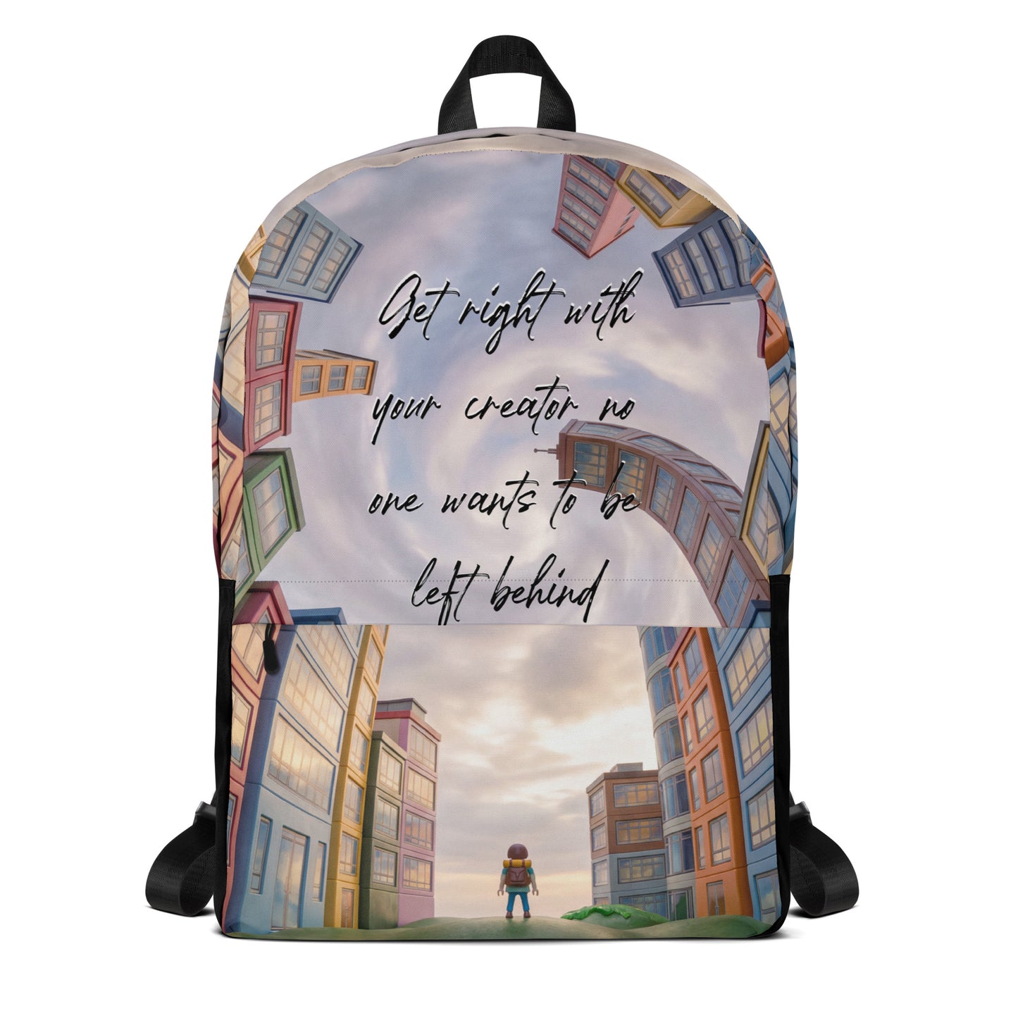 Backpack – Get Right With Your Creator featuring a colorful cityscape with tall buildings surrounding a solitary figure under a cloudy sky, faith-inspired design for purpose-driven apparel.