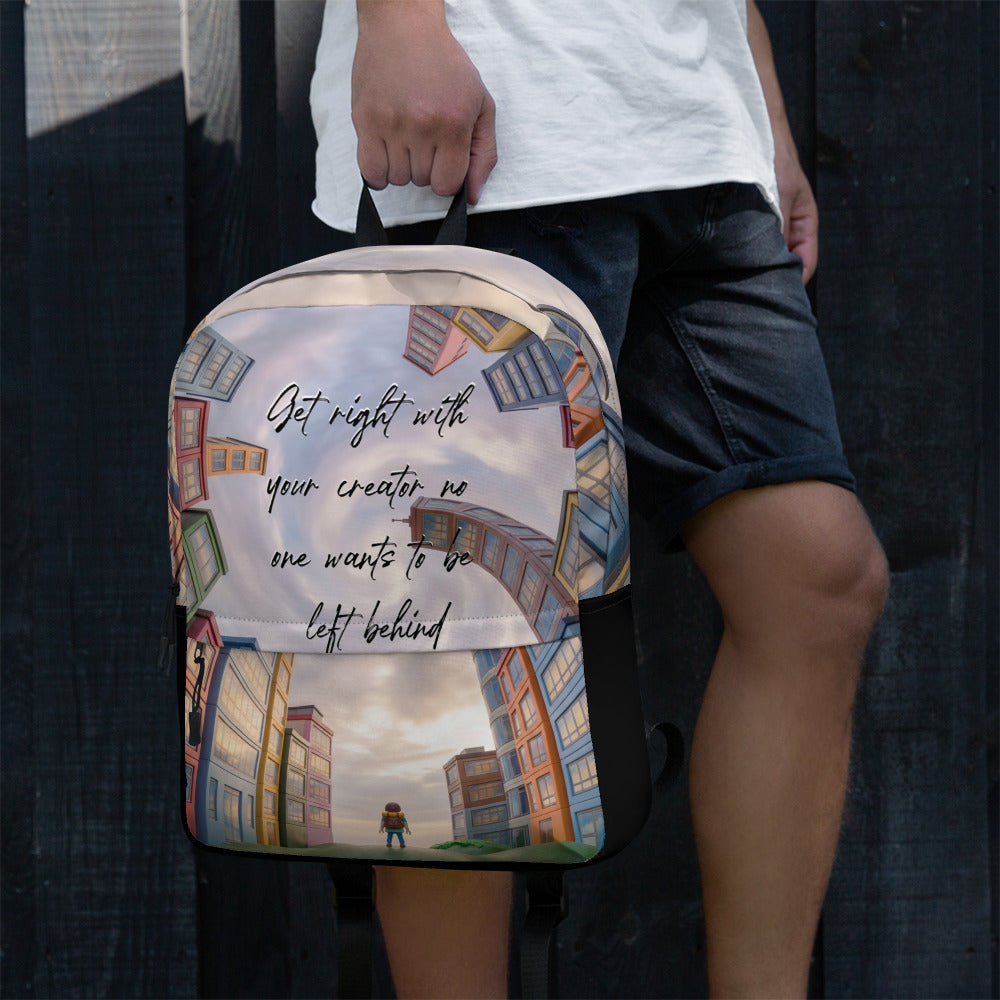 Person holding a Backpack – Get Right With Your Creator featuring a colorful cityscape design and inspirational quote, styled with casual shorts and a white shirt.