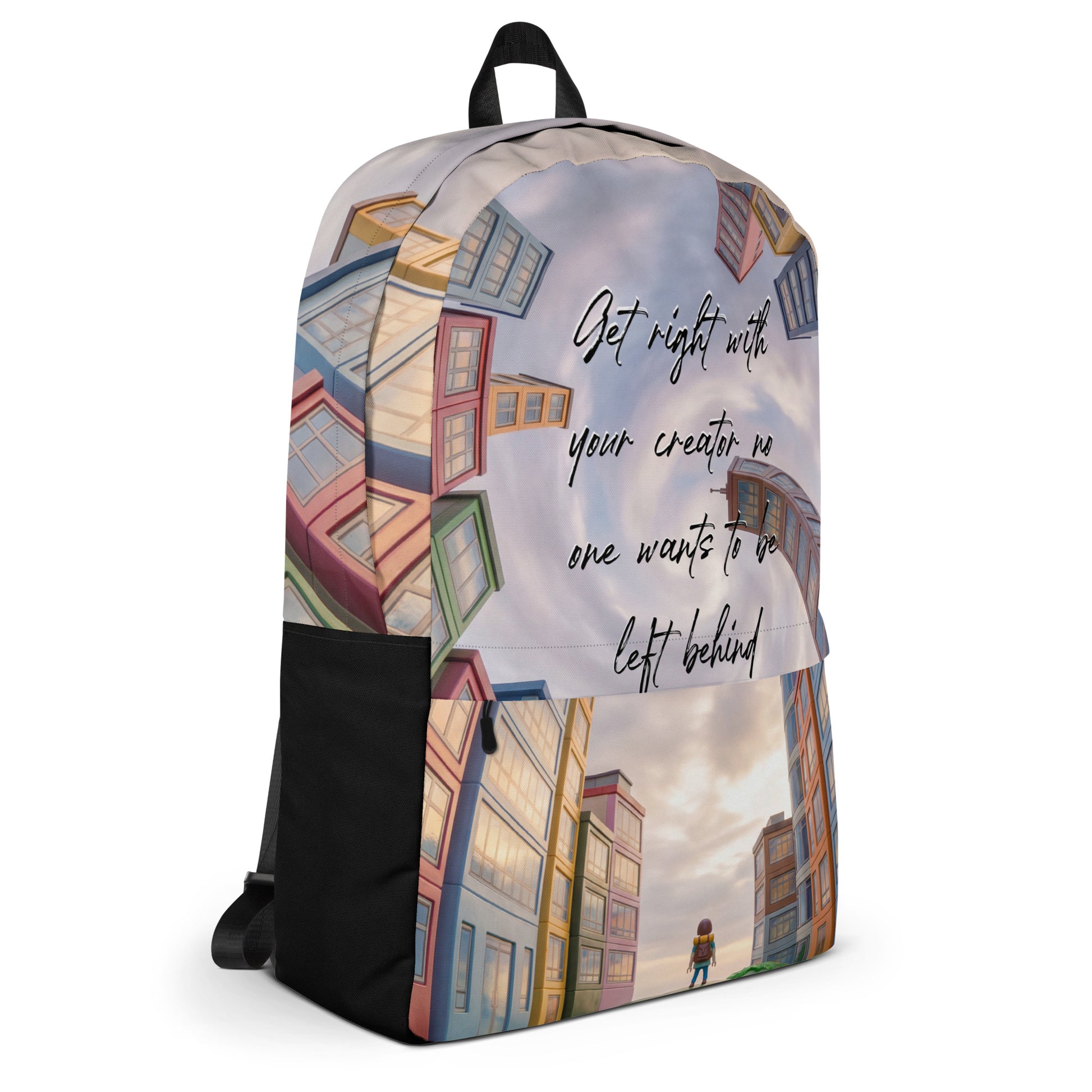 Backpack – Get Right With Your Creator featuring a colorful cityscape design with inspirational faith message and black side pockets, perfect for purpose-driven fashion and everyday use.