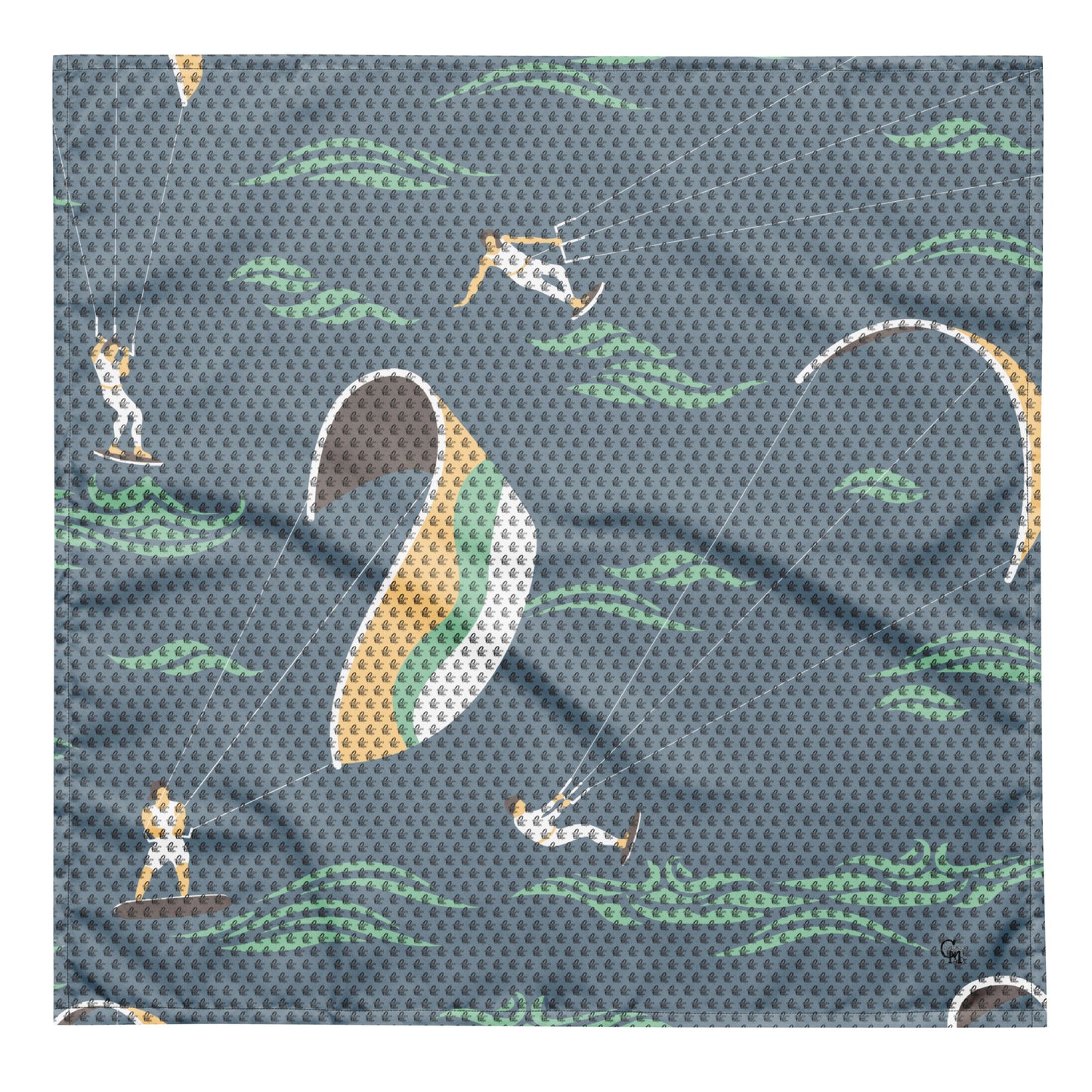 Nature & Soul Bandana featuring a blue-gray background with illustrations of kite surfers riding waves, designed with a sporty and adventurous theme.