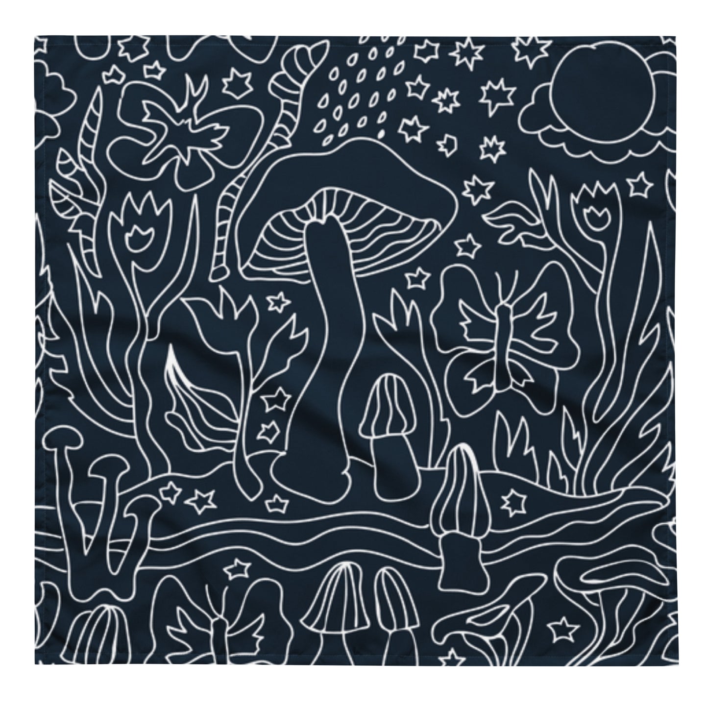Indigo Dreams Bandana featuring a dark background with white line art of whimsical mushrooms, stars, butterflies, and abstract floral designs for a mystical nature-inspired look.