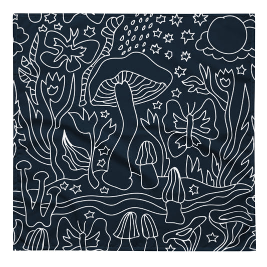 Indigo Dreams Bandana featuring a dark background with white line art of whimsical mushrooms, stars, butterflies, and abstract floral designs for a mystical nature-inspired look.