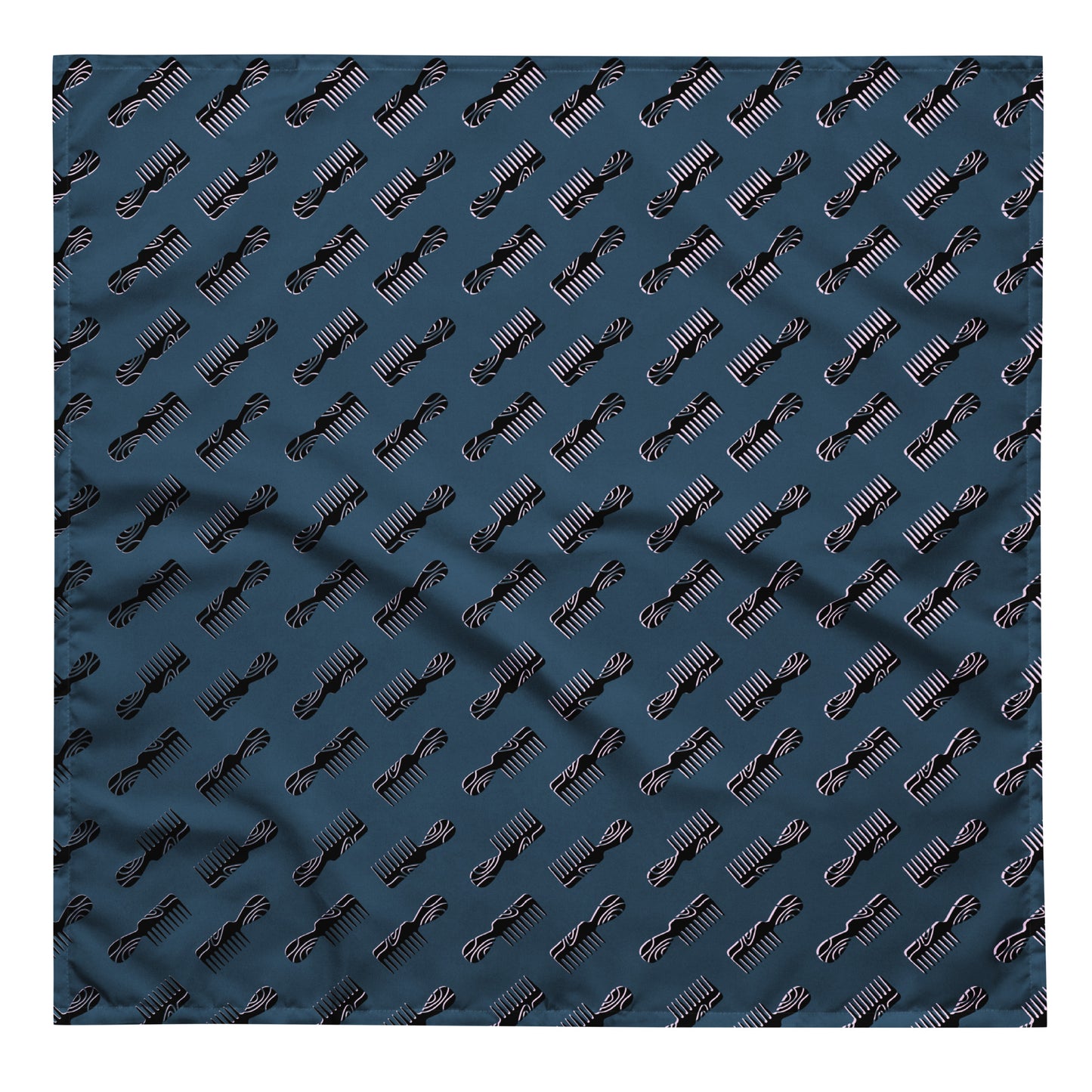 Mini Afro Combs All-Over Print Bandana featuring a repeating pattern of stylized afro combs on a deep blue fabric, perfect for melanin fashion and purpose-driven apparel.
