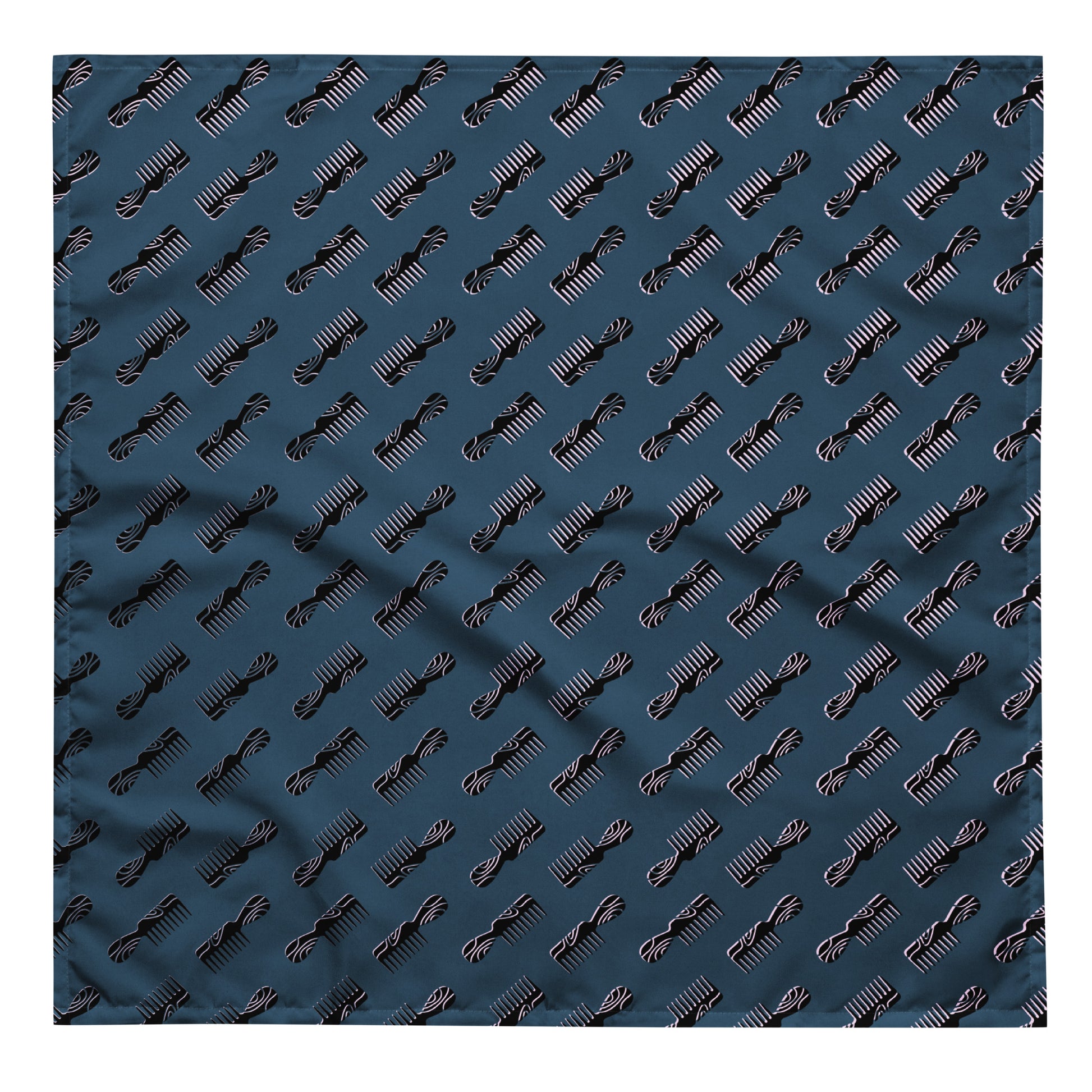 Mini Afro Combs All-Over Print Bandana featuring a repeating pattern of stylized afro combs on a deep blue fabric, perfect for melanin fashion and purpose-driven apparel.