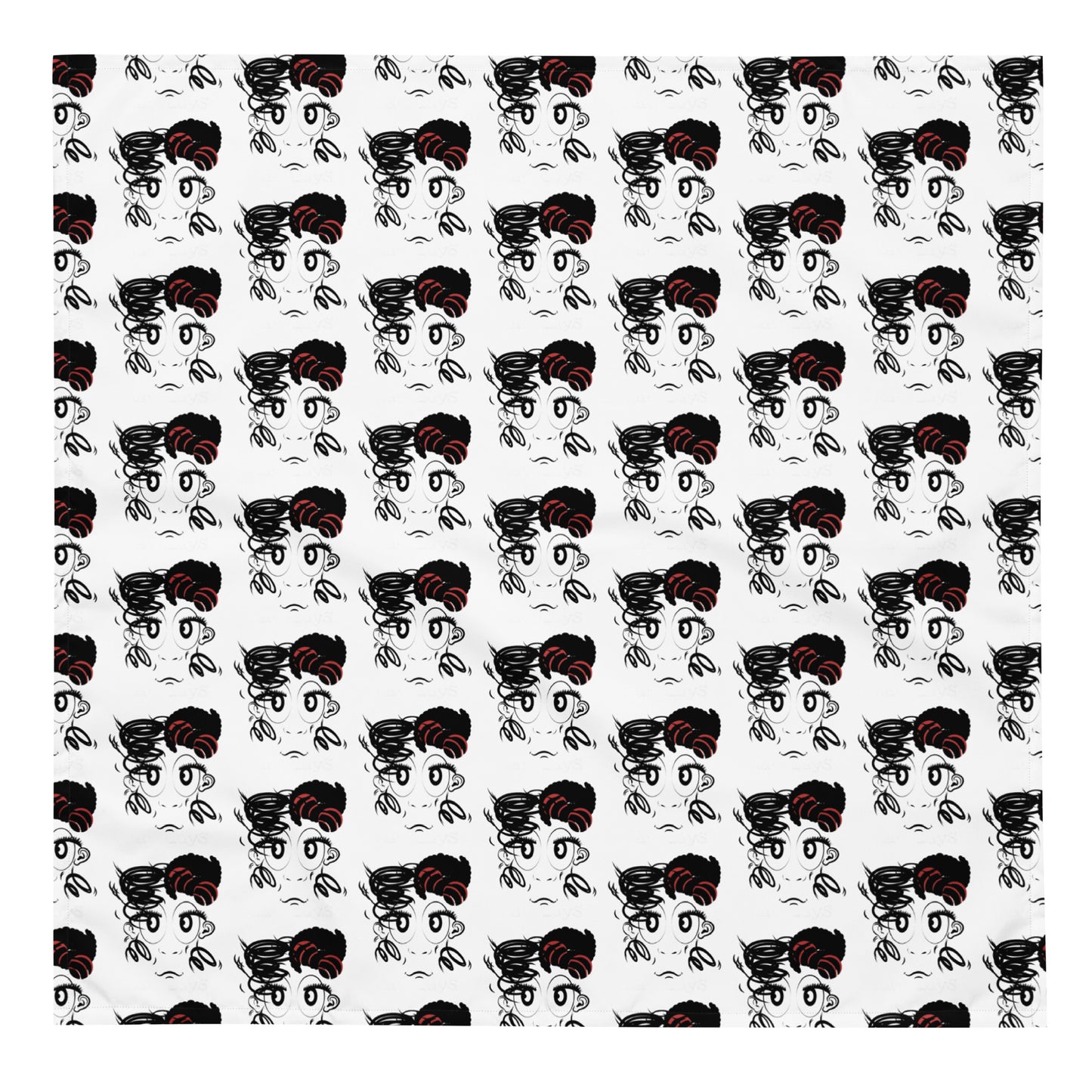 Good Hair Day Bad Hair Day Bandana featuring a stylish all-over print of abstract faces with bold black and red hair accents on a white background, perfect for melanin fashion.