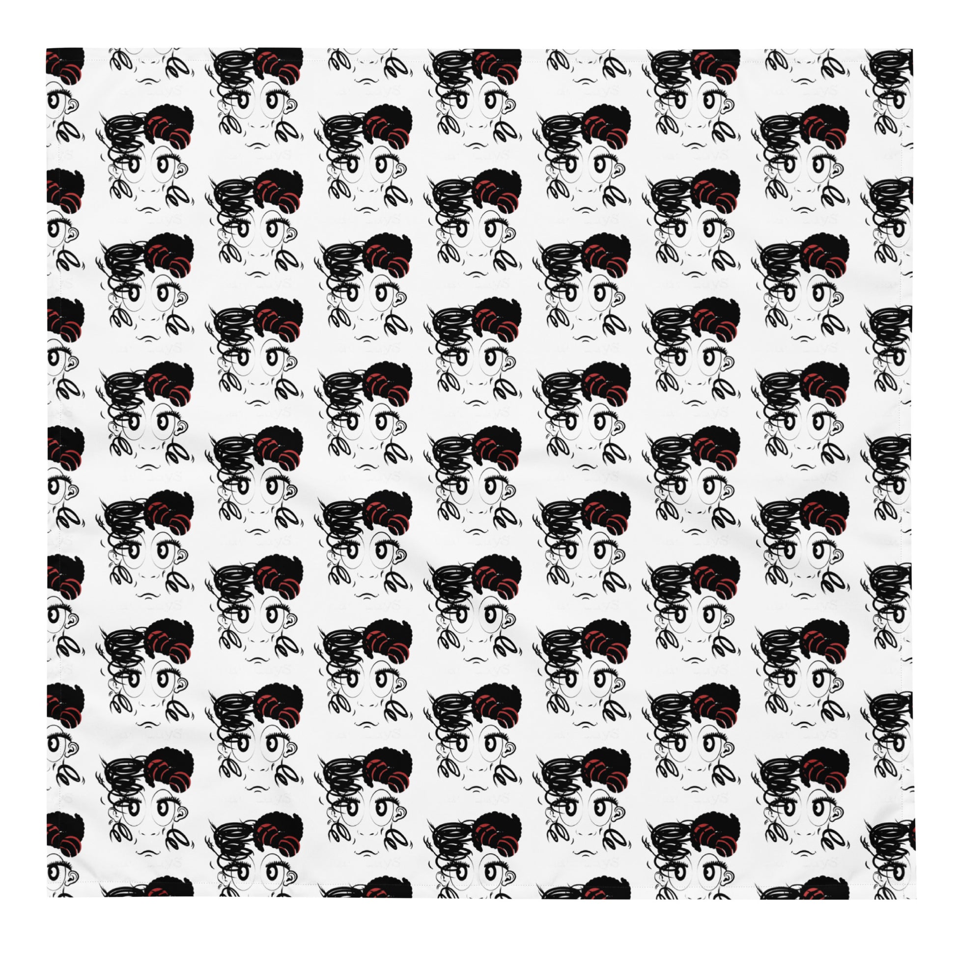 Good Hair Day Bad Hair Day Bandana featuring a stylish all-over print of abstract faces with bold black and red hair accents on a white background, perfect for melanin fashion.