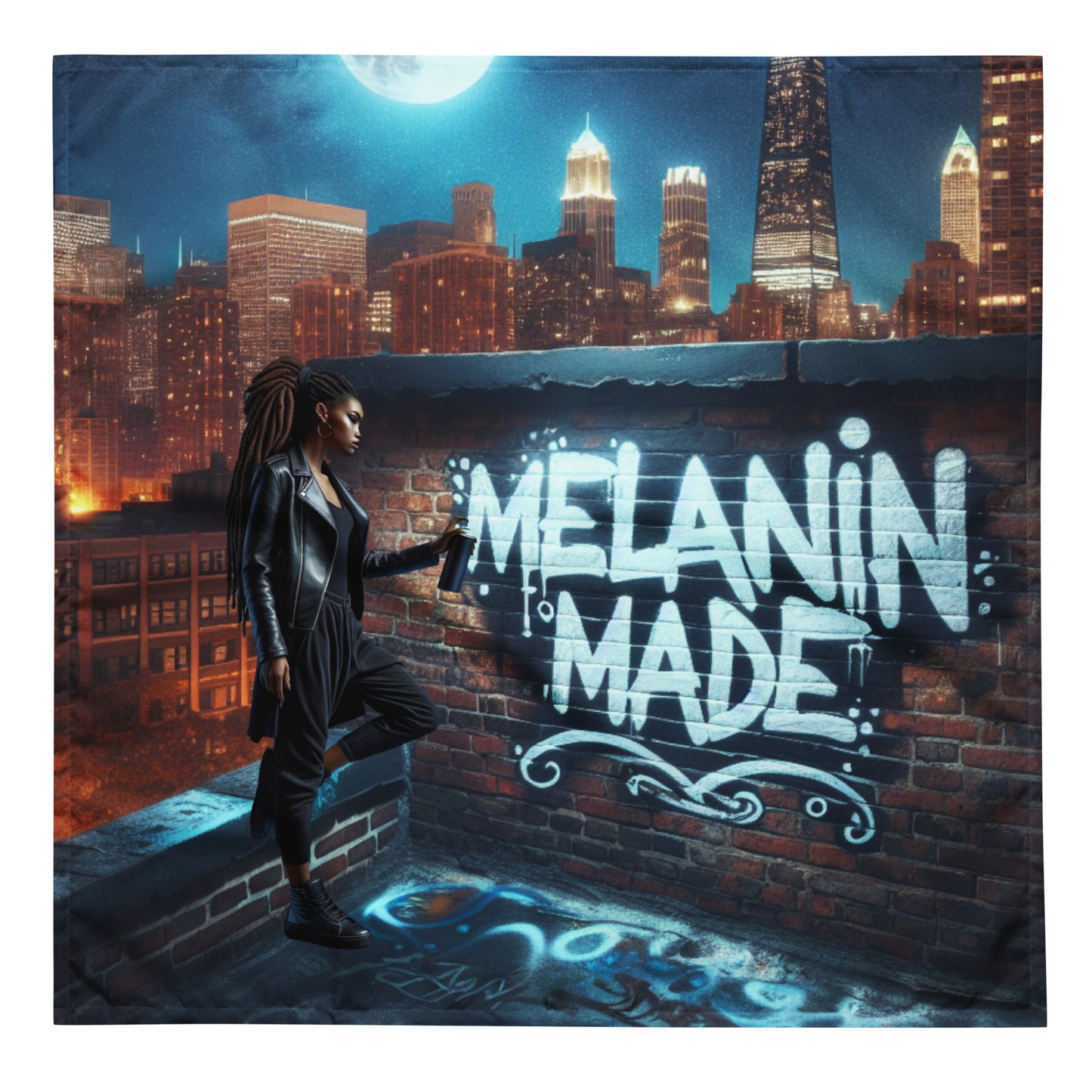 Urban night scene with a confident woman standing by a brick wall showing graffiti art that reads "Melanin Made," featured on the Moonlit Mural Bandana.