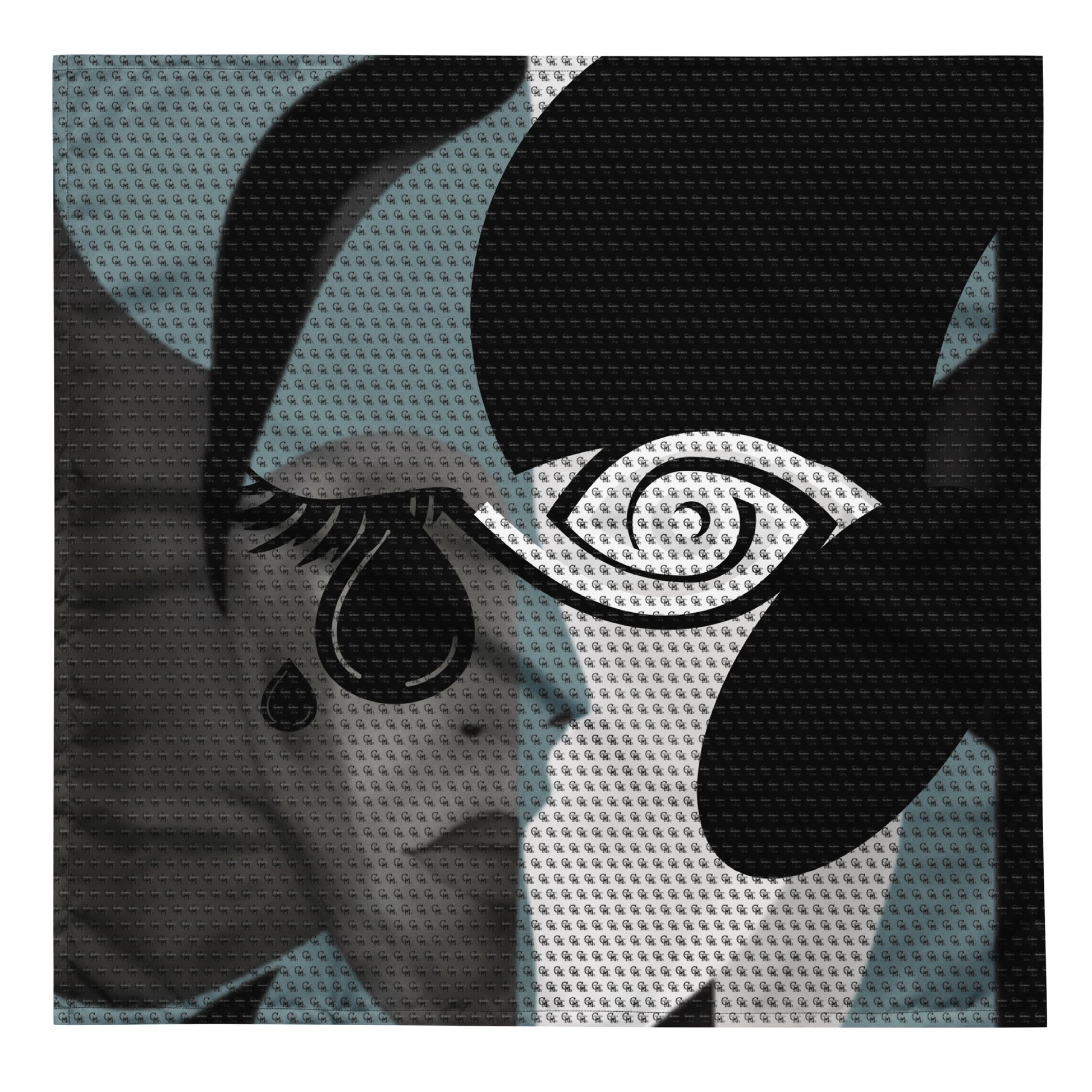 Abstract Art Bandana featuring a monochromatic abstract face design with bold black shapes, a stylized eye, and a tear drop, blending artistic expression and modern apparel style.