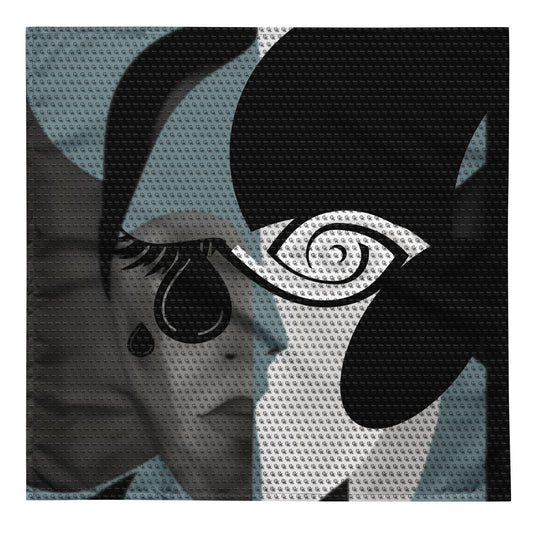 Abstract Art Bandana featuring a monochromatic abstract face design with bold black shapes, a stylized eye, and a tear drop, blending artistic expression and modern apparel style.
