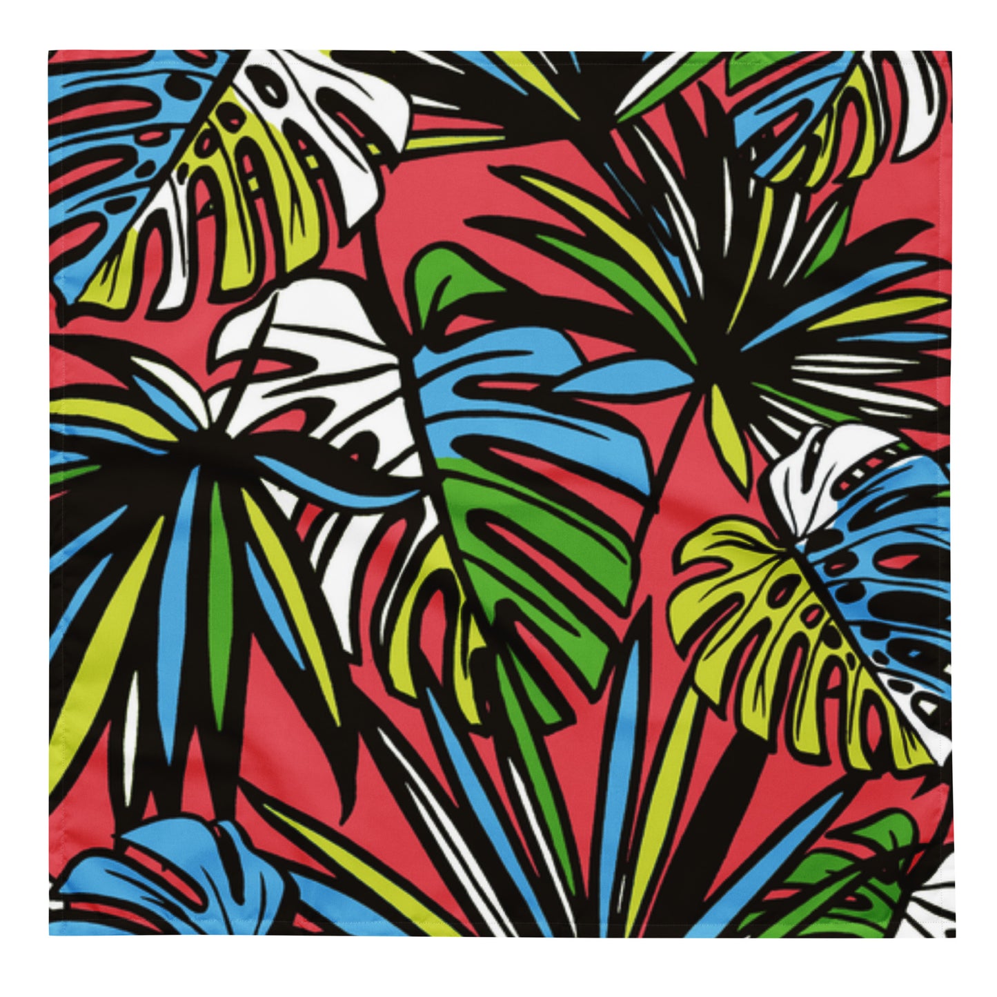 Brightly colored Tropical Palm Bandana featuring an all-over print of vibrant palm leaves in green, blue, white, and black on a coral background.