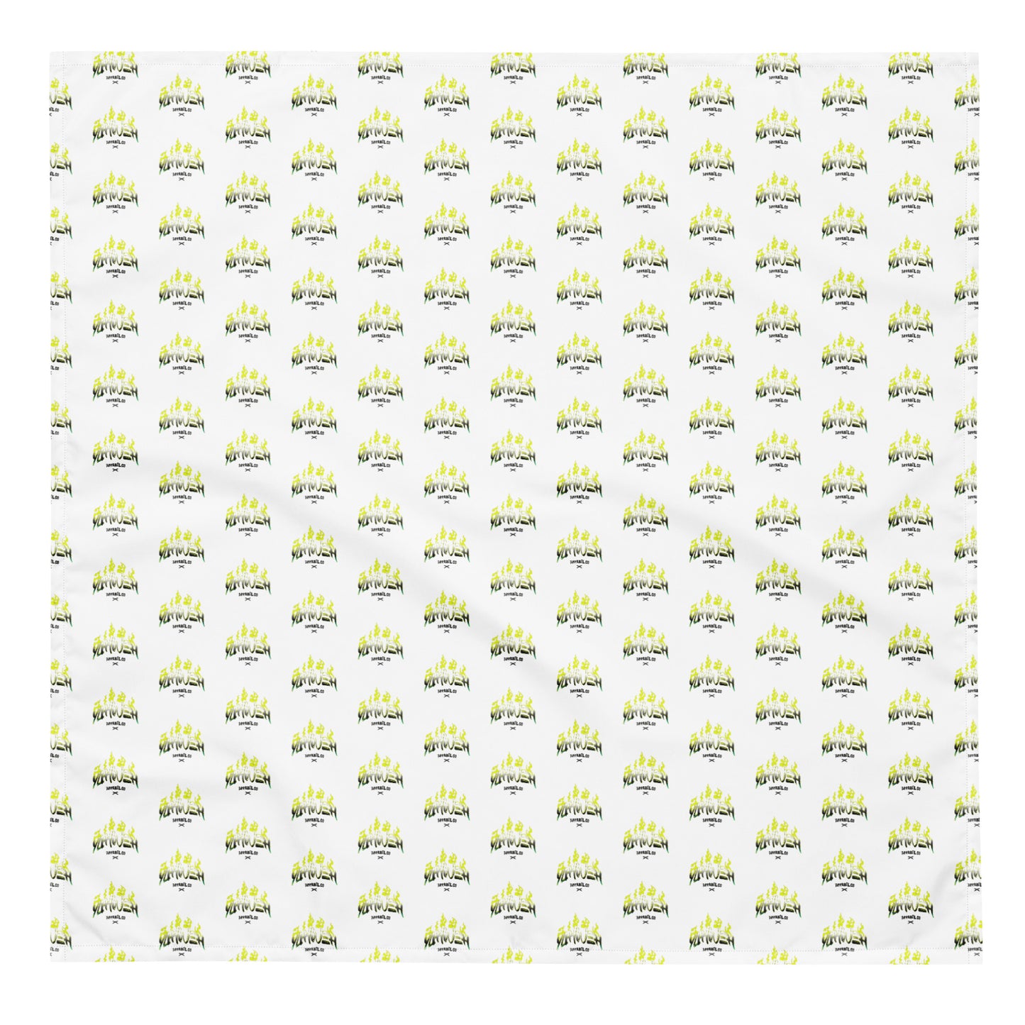 White bandana featuring a repeating pattern of a faith-inspired design with the words "Yahweh Apparel Co." in green and yellow tones on the Yahweh Apparel Co. Bandana.