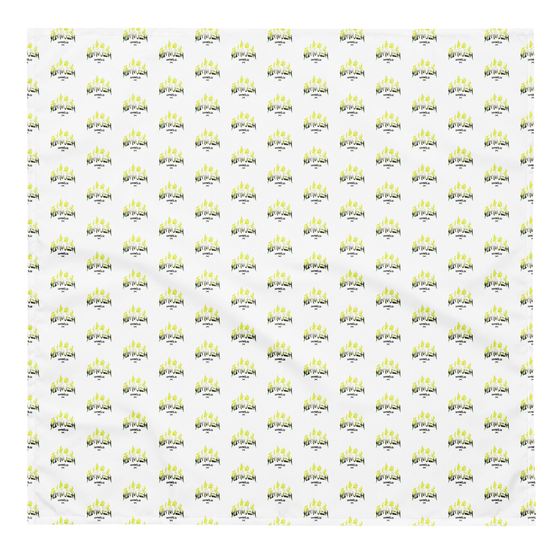 White bandana featuring a repeating pattern of a faith-inspired design with the words "Yahweh Apparel Co." in green and yellow tones on the Yahweh Apparel Co. Bandana.