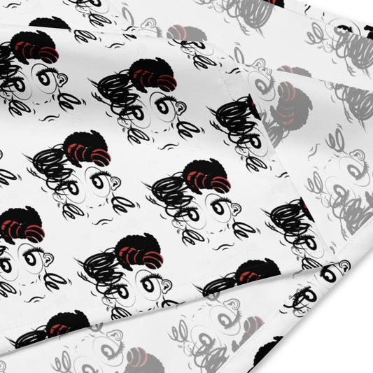 Close-up of a white bandana featuring a repeating cartoon pattern of a woman’s face with curly hair and a red hair accessory, styled for the Good Hair Day Bad Hair Day Bandana.