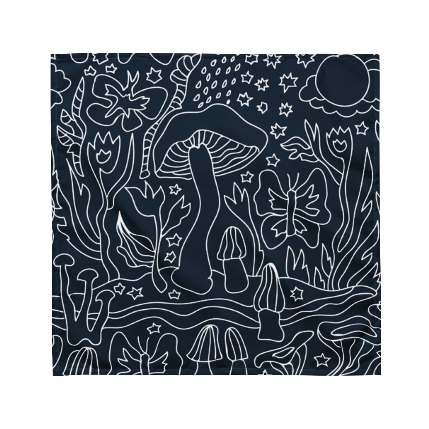 Indigo Dreams Bandana featuring a dark indigo background with white line art of mushrooms, butterflies, stars, and abstract floral elements in a whimsical, all-over print design.