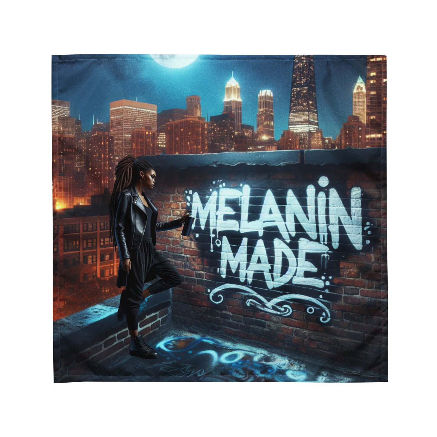 Moonlit Mural Bandana featuring a nighttime cityscape with a woman in leather jacket beside a graffiti wall that reads "Melanin Made," blending urban style and inspirational imagery.