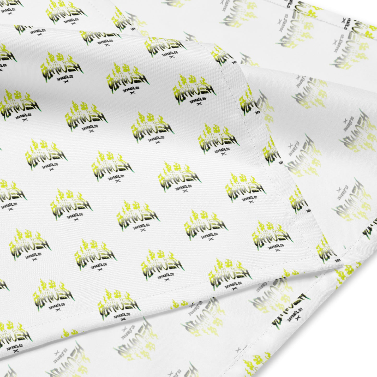 Yahweh Apparel Co. Bandana featuring a white background with repeated faith-inspired yellow and black graphic text pattern, designed for stylish and meaningful wear.