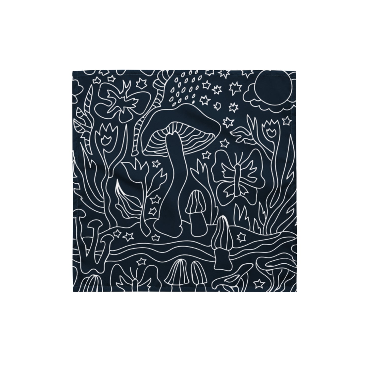 Indigo Dreams Bandana featuring a dark indigo background with white line art of mushrooms, flowers, stars, and butterflies in a whimsical, nature-inspired pattern.
