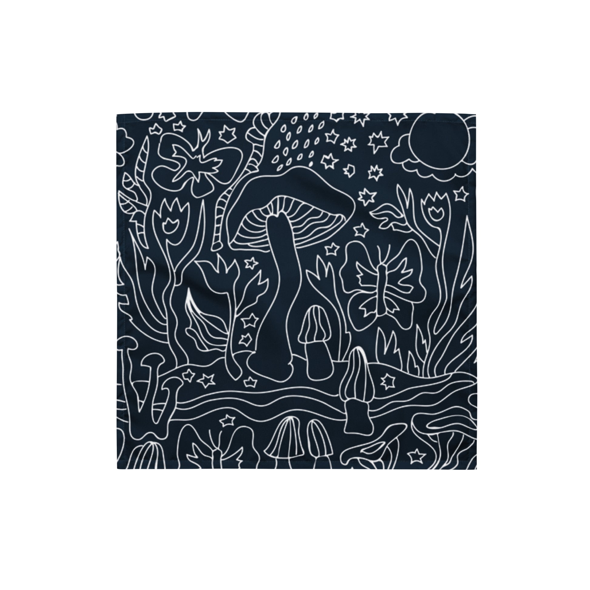 Indigo Dreams Bandana featuring a dark indigo background with white line art of mushrooms, flowers, stars, and butterflies in a whimsical, nature-inspired pattern.