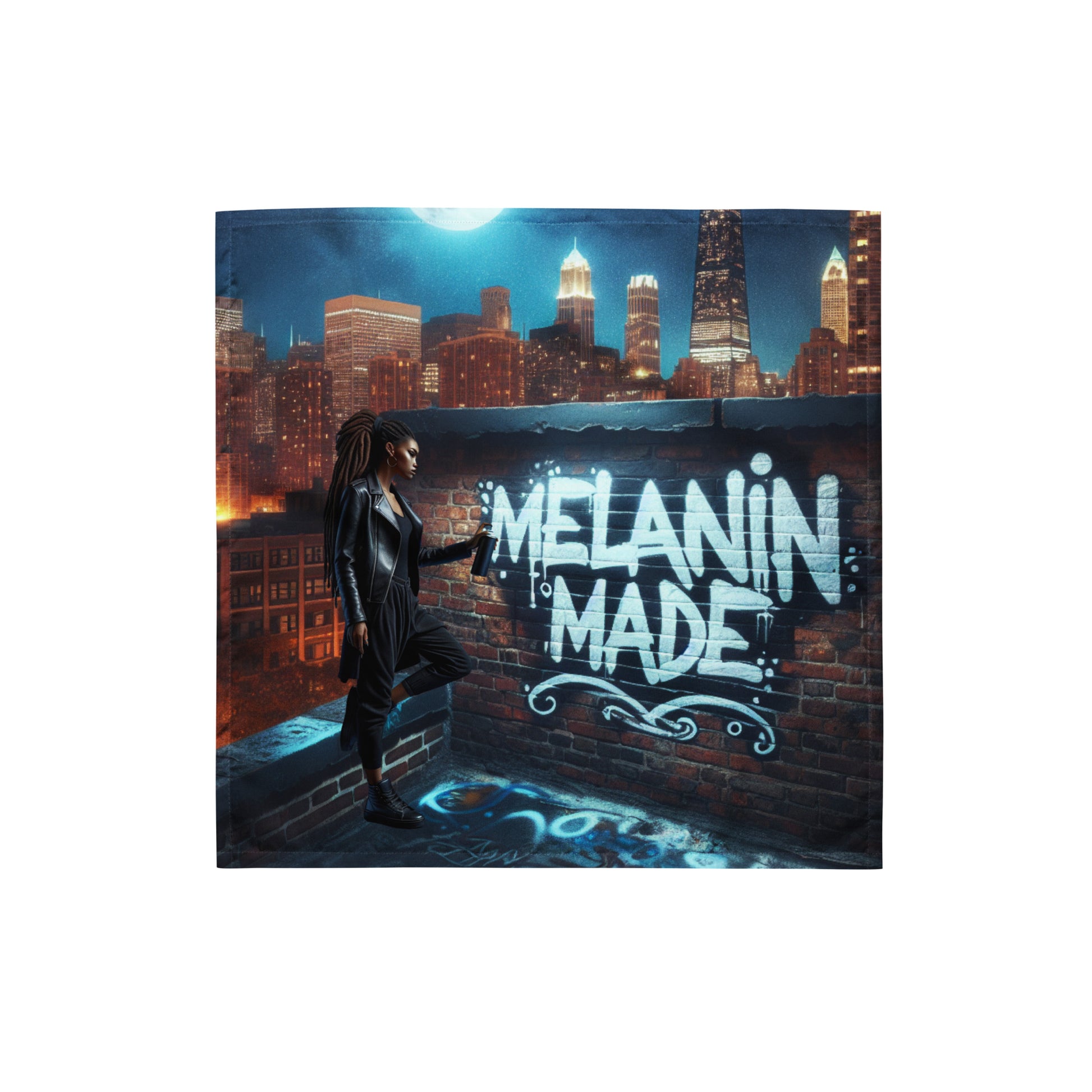 Moonlit Mural Bandana featuring a nighttime cityscape with a woman painting "Melanin Made" graffiti on a brick wall, showcasing faith-inspired and melanin-rich imagery.