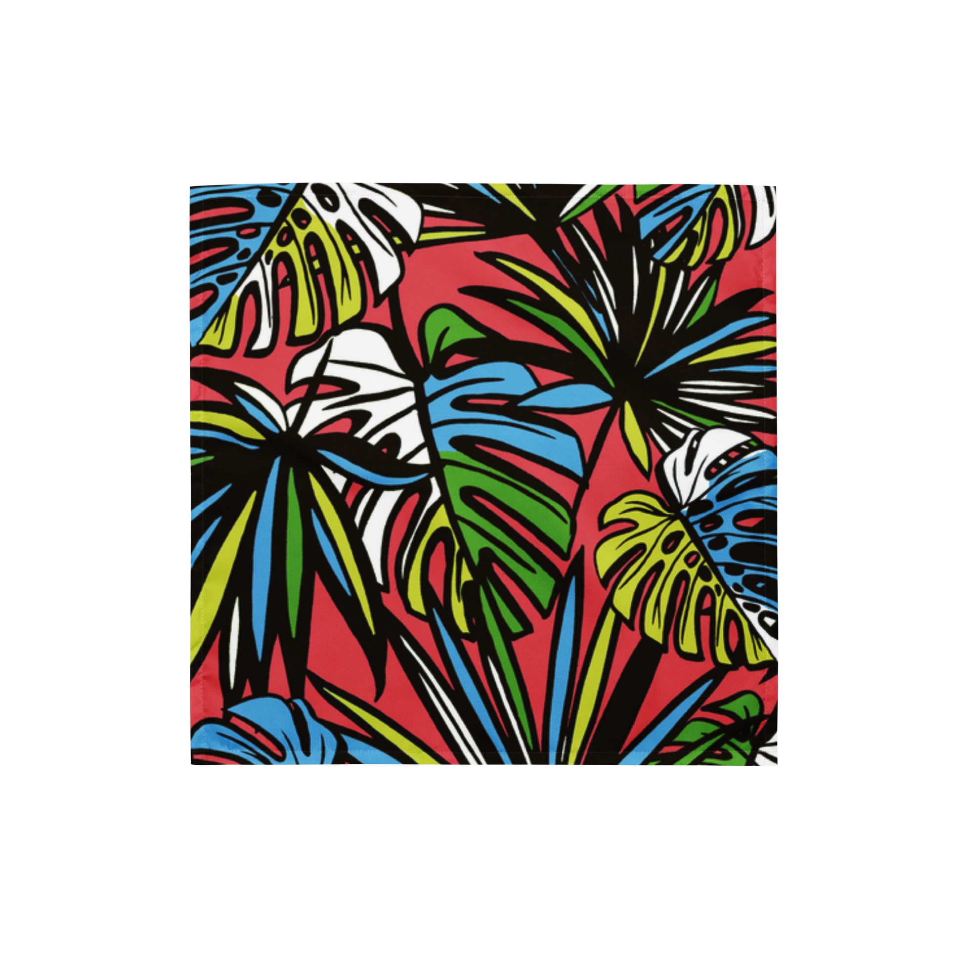 Tropical Palm Bandana featuring a vibrant all-over print of stylized palm leaves in green, blue, white, and black on a bold red background, perfect for fashion and accessories.