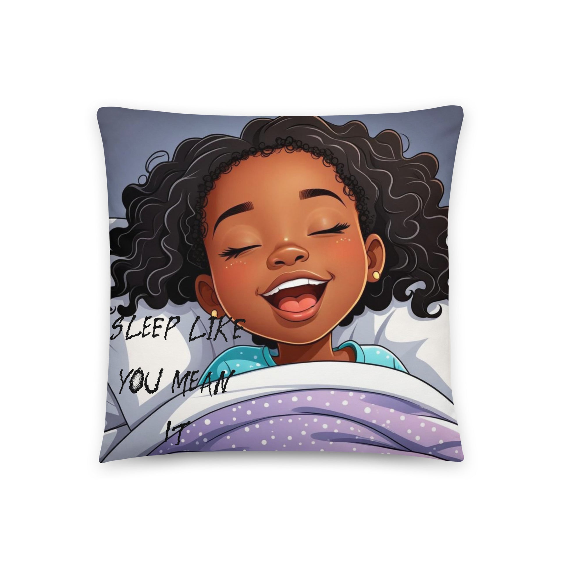 Sleep Like You Mean It Pillow featuring a joyful young girl with curly hair peacefully sleeping beneath a cozy purple blanket with a calming night sky background.