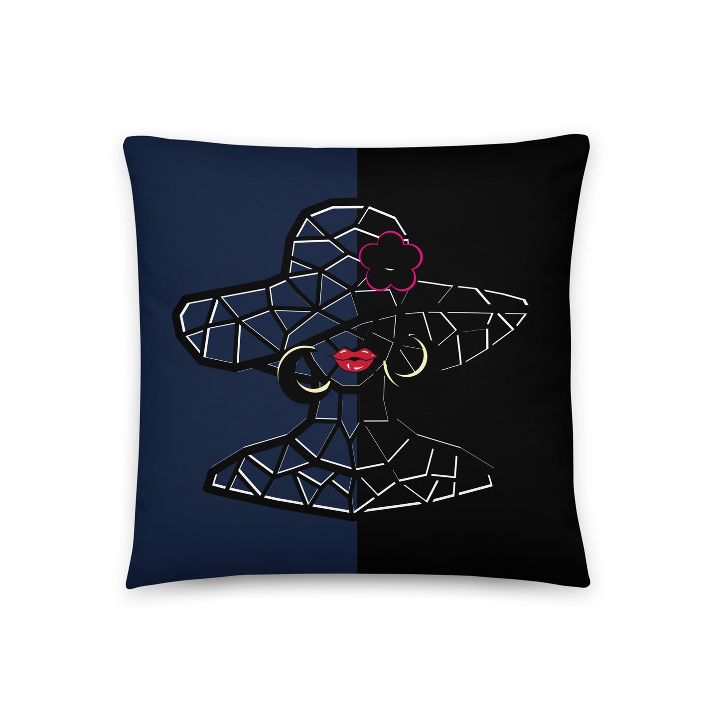 Flower Hat Lady Pillow with geometric mosaic design of a woman wearing a wide-brimmed hat and hoop earrings, featuring bold red lips and a flower accent on a split navy and black background.