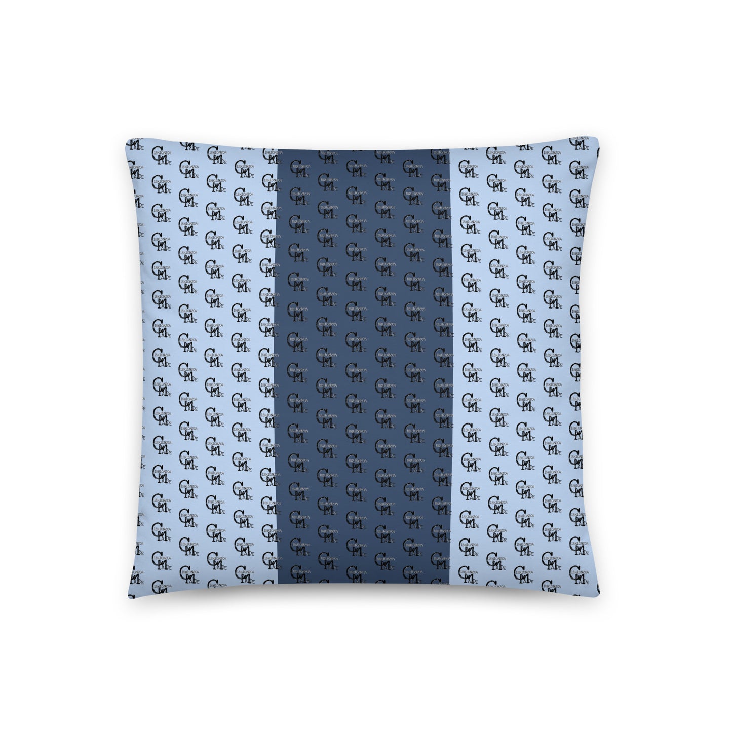 Melanin Made Blue Pillow featuring a stylish blue and light blue pattern with repeating monogram design, perfect for adding unique home decor with melanin-rich imagery.