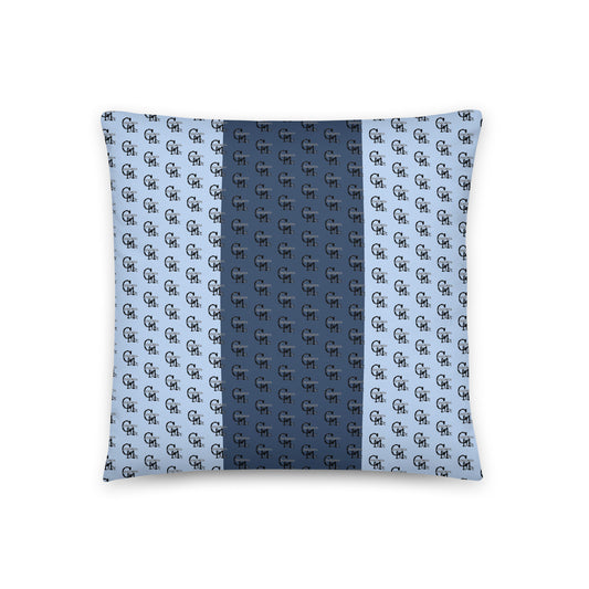 Melanin Made Blue Pillow featuring a stylish blue and light blue pattern with repeating monogram design, perfect for adding unique home decor with melanin-rich imagery.