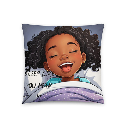 Sleep Like You Mean It Pillow featuring a joyful young girl with curly hair peacefully sleeping under a purple blanket with white polka dots, conveying comfort and relaxation.