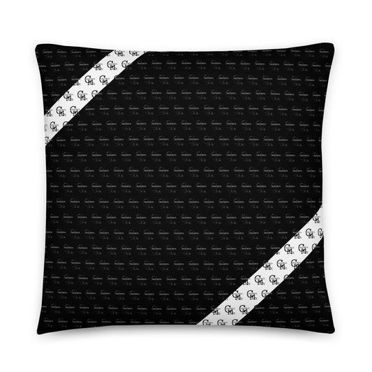Black & White Ribbon Pillow featuring a sleek black background with subtle patterning and two white diagonal ribbon stripes for elegant home decor.