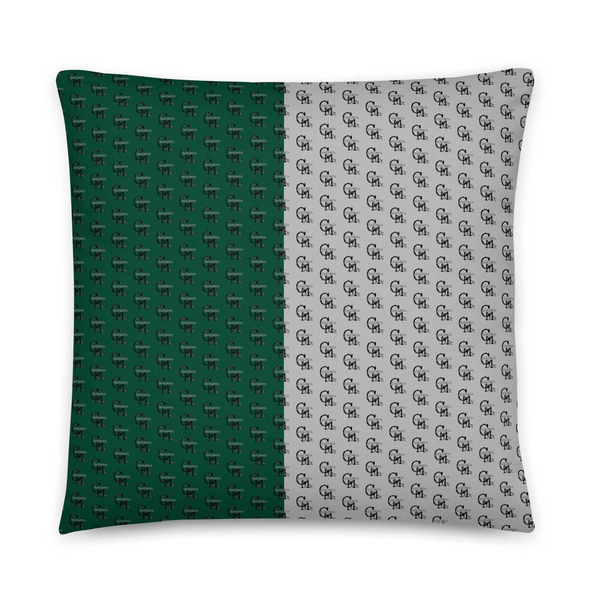 Melanin Made Pillow featuring a green and light gray split design with a repeating small black logo pattern, offering stylish home decor with purpose-driven messaging.