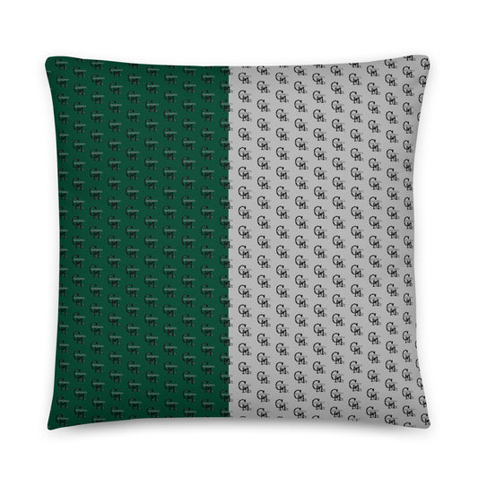Melanin Made Pillow featuring a green and light gray split design with a repeating small black logo pattern, offering stylish home decor with purpose-driven messaging.